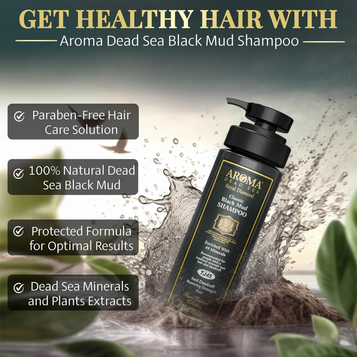 AROMA DEAD SEA Black Mud Shampoo - Fights Dandruff, Thinning Hair, Weak Roots & Itchy Scalp. Prevents Hair Loss & Encourages Gro