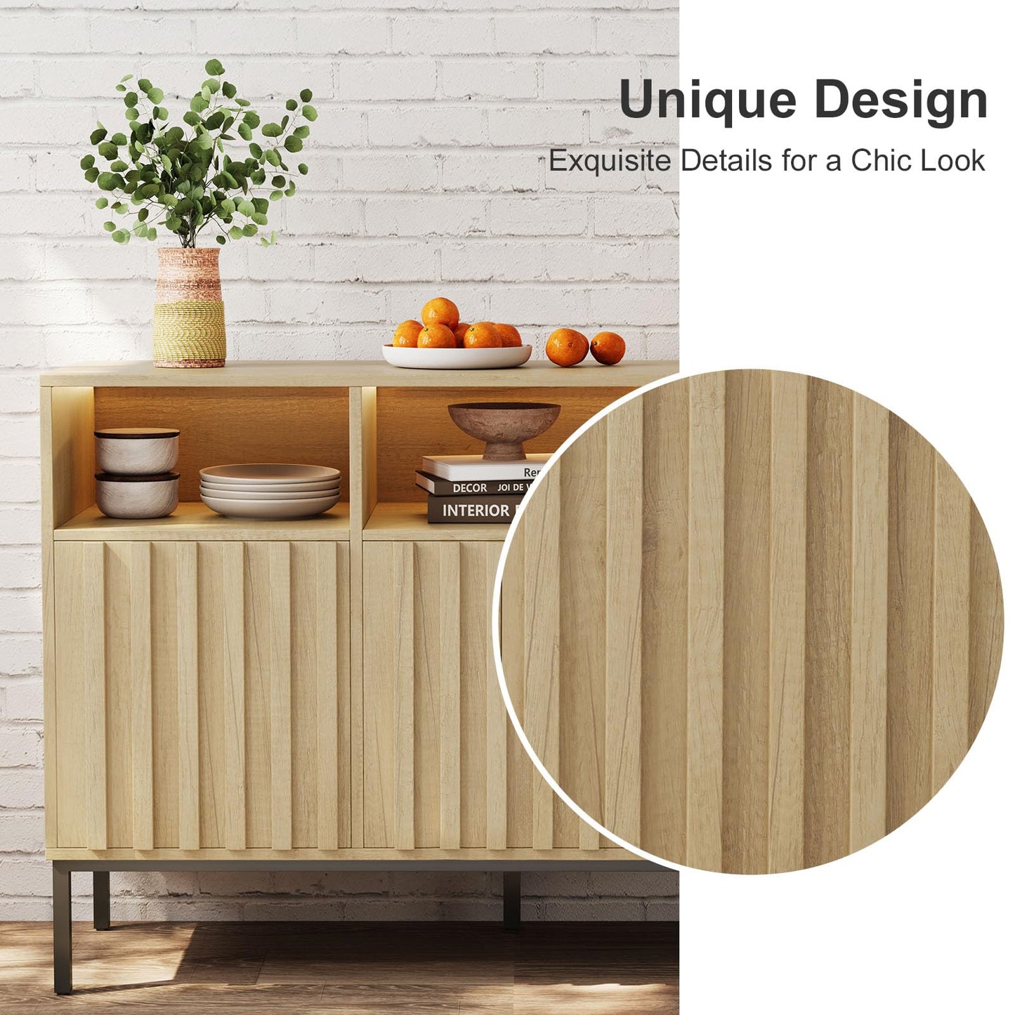 Svimi Oak Multifunctional Storage Cabinet with Charging Station, LED Light, 15"D x 47.2"W x 31.4"H, Beige, Ideal for Kitchen, Entryway, Office