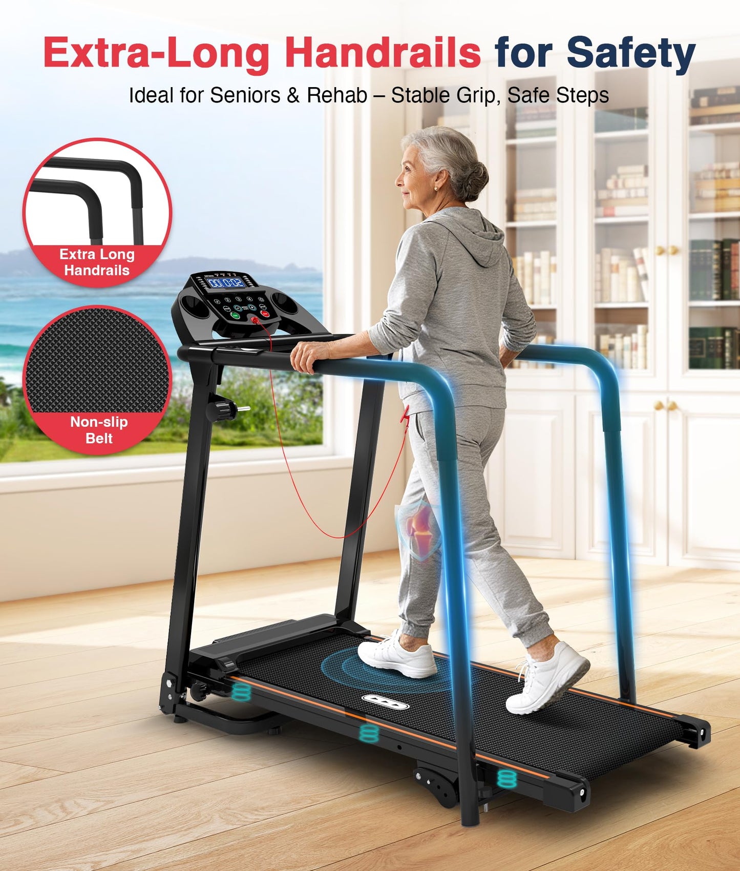 Redliro Treadmill for Seniors with Long Handrails - 300 lb Capacity, 0%-2% Incline, Foldable Compact Rehab Walker with Screen-Off & Mute Buttons, Wheels, Cup/Phone Holder for Home Apartment Exercise