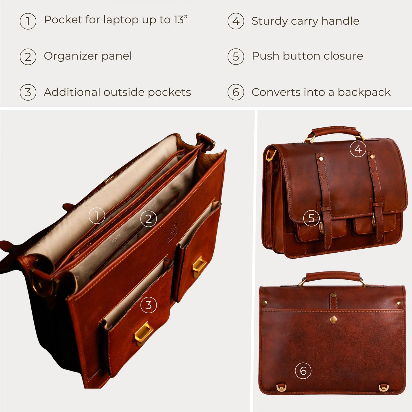 Time Resistance Leather Briefcase – Italian Handmade Leather Laptop Bag – Briefcase Convertible into Backpack (Cognac Brown)