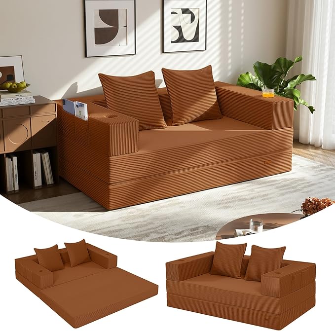 COMAX Futon Sofa Bed, 4‑in‑1 Convertible Sofa Bed, Folding Boneless Couches for Living Room, Fold Out Small Foldable Loveseat Floor Sleeper Comfy Mattress Lounge Space‑Saving, Orange
