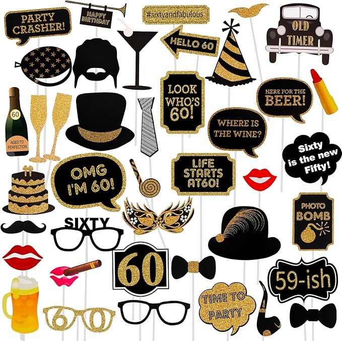 Adult 60th Birthday Photo Booth Props(41Pcs) for Her Him Cheers to 60 Years Birthday Party, Gold and Red Decorations, 60th...
