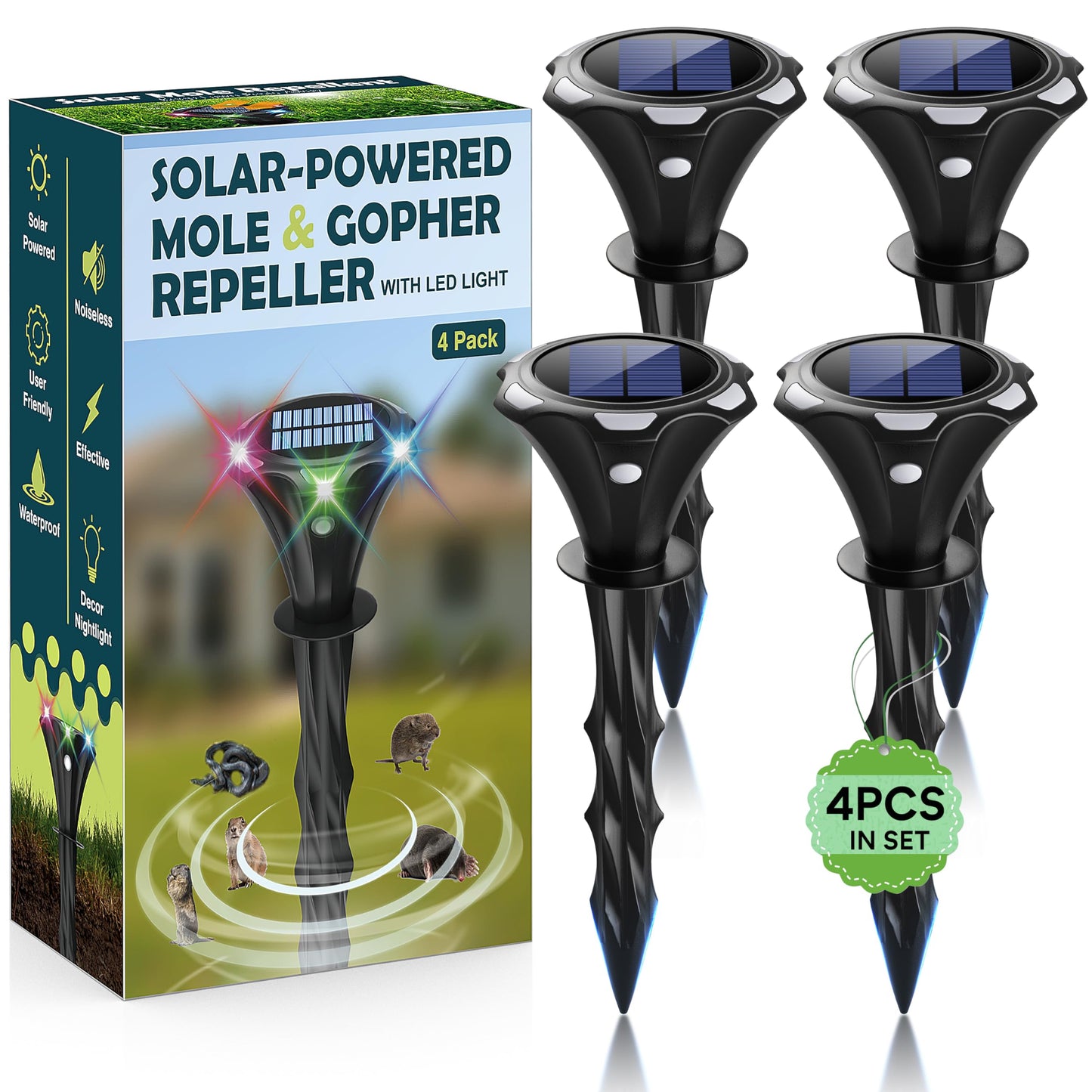 Solar Mole Repellent Ultrasound, Gopher Repeller with LED Night Light, Vole Repeller Outdoor Waterproof, 4 Pack, Black