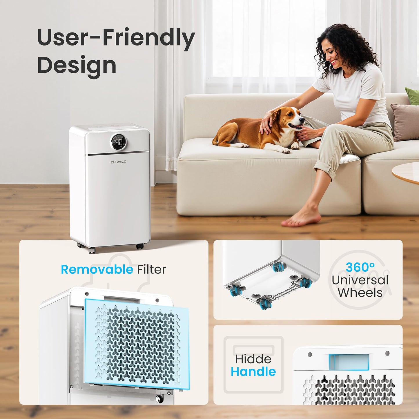 CHIVALZ 1800 Sq.Ft Dehumidifier for Basement, Quiet Dehumidifier for Home, Bedroom, Bathroom, Humidity Display, with Drain Hose, Auto Shut Off, 3 Modes, Timer, Auto Defrost, Child Lock, White 1Pack