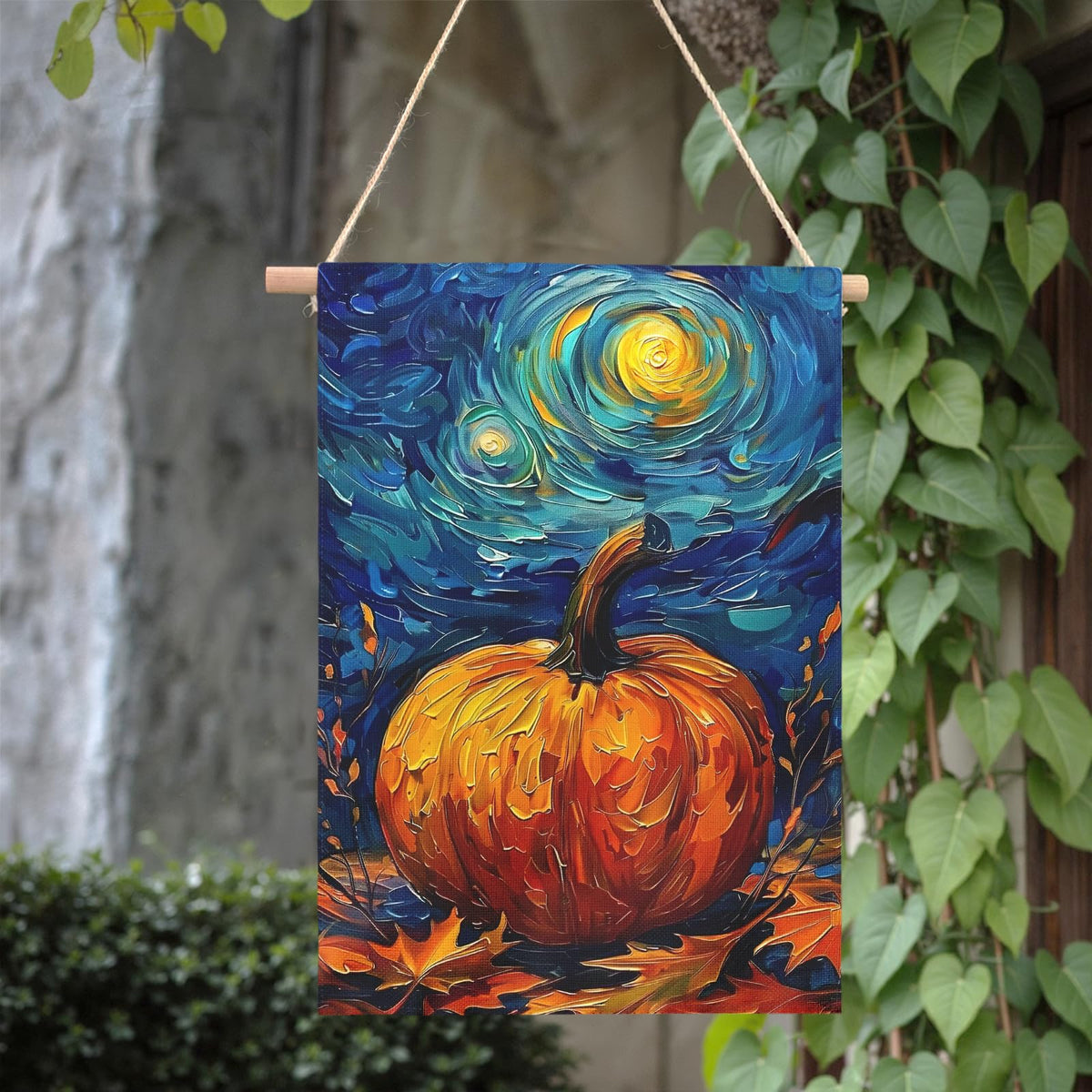 Dacawin Fall Garden Flag Pumpkin Maple Leaf Yard Flags Van Gogh Wall Banners Art Starry Night Sky Moon Garden Flags Autumn Harvest Thanksgiving House Banner for Patio Farmhouse Outdoor 28 x 40 Inch
