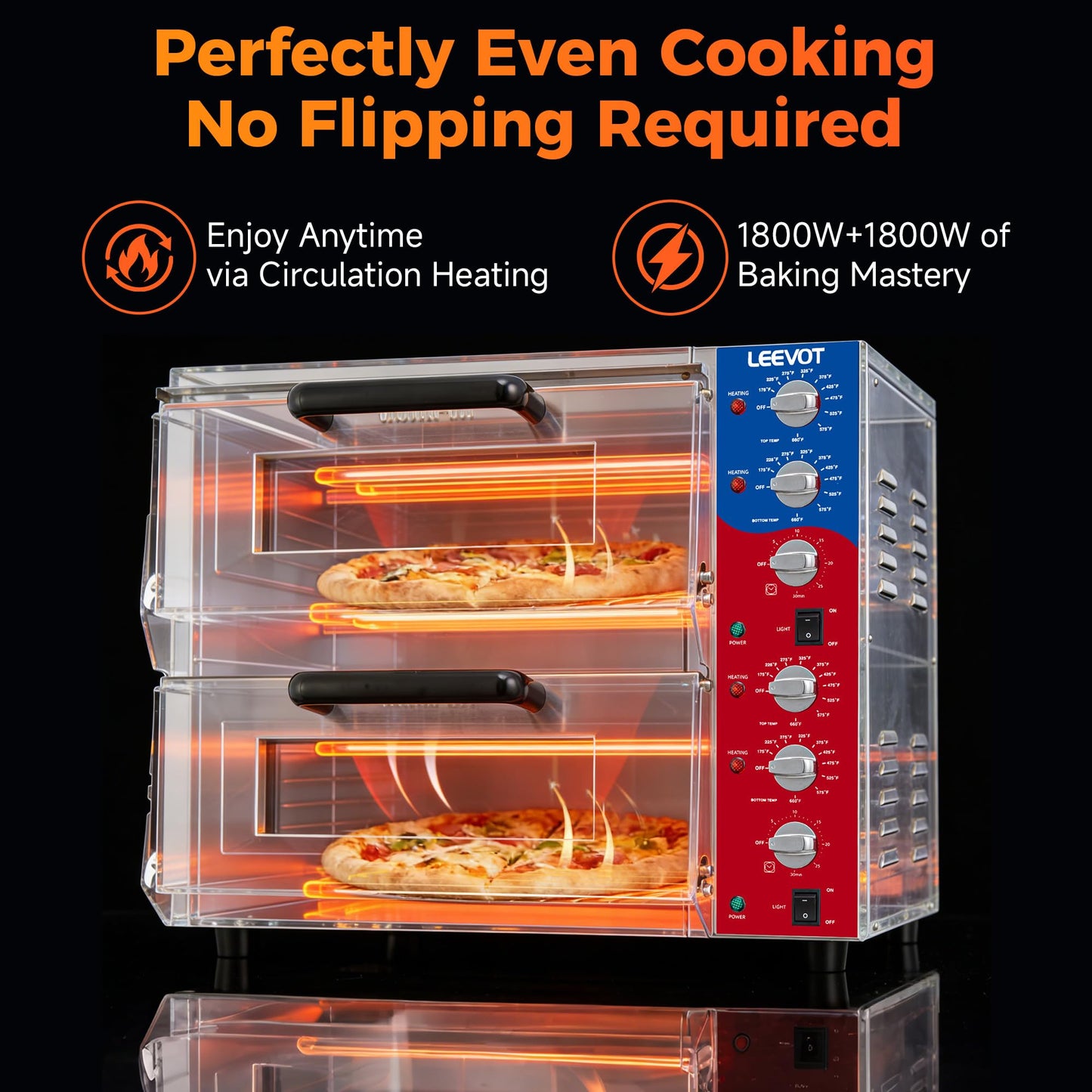 LEEVOT Commercial Double Deck 16 Inch Electric Pizza Oven | 3600W Countertop Pizza Maker with Pizza Stone for Restaurant, Food Truck & Indoor Use | ETL Certified, 120V