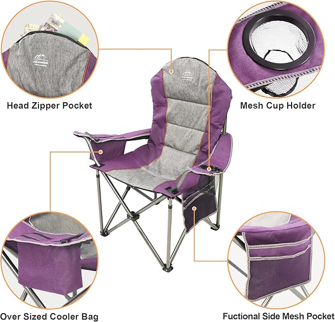 LANMOUNTAIN Camping Chairs for Adults,High Back Folding Camp Chair with Cup Holder and Cooler Bag,Heavy Duty Outdoor Lawn Chairs,Perfect for Camping,Hiking,Picnics,and Beach Trips,Purple