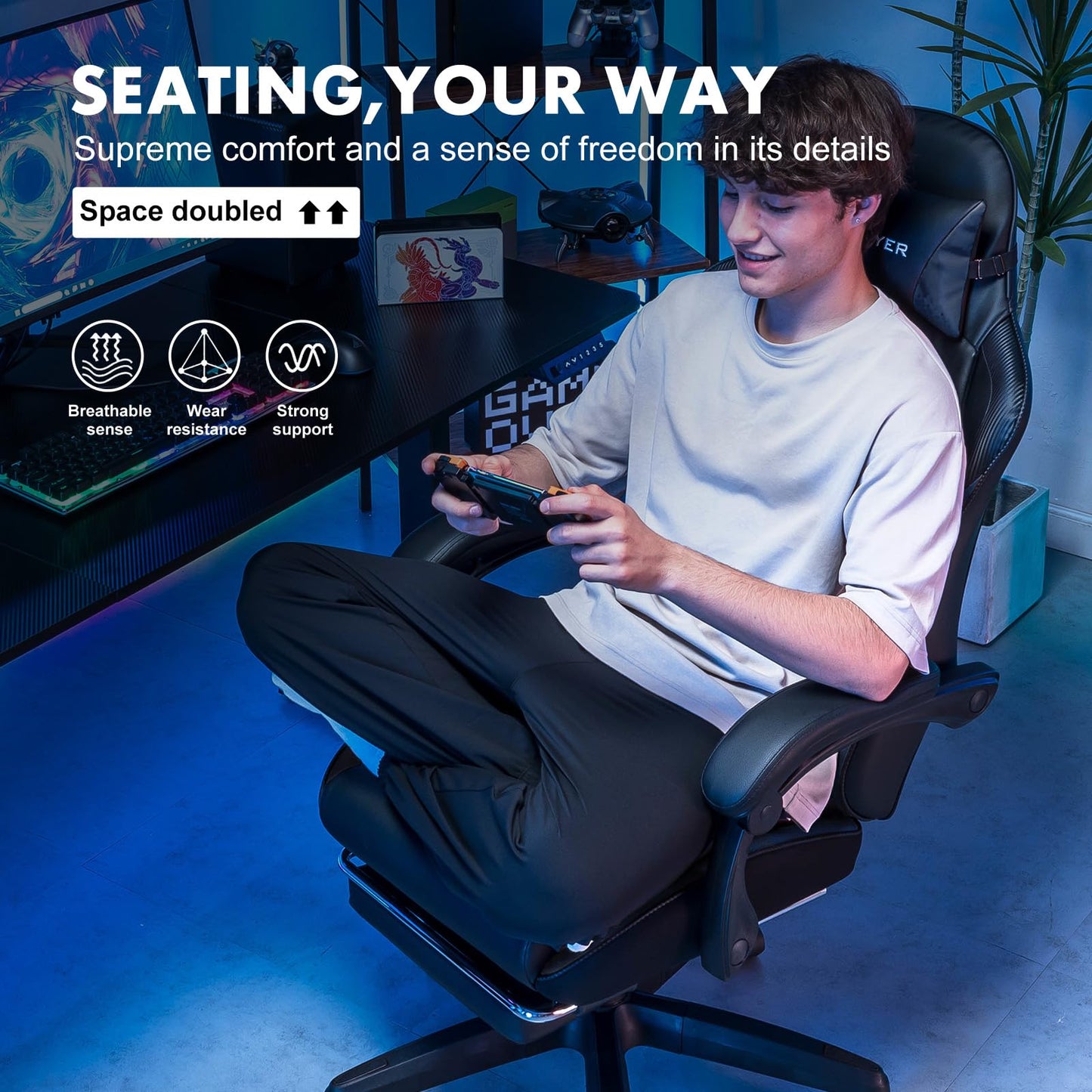 GTPLAYER Gaming Chair, High Back Leather Computer Game Chair with Footrest, Ergonomic Height Adjustable Office Chair with Removable Cover and Lumbar Support for Gaming and Work (Black)
