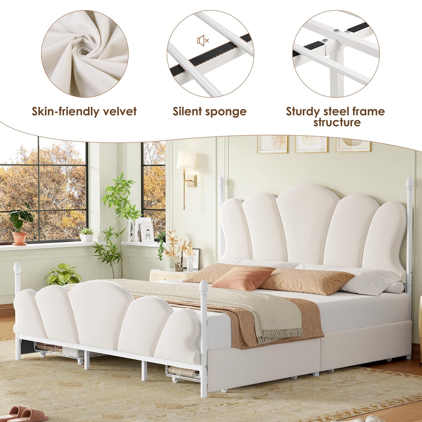 FOTOSOK Full Bed Frame, Full Size Bed Frame with Adjustable Headboard, Bed Frames Queen Size with 4 Large Storage Drawers, No Box Spring Needed, Noise Free, White