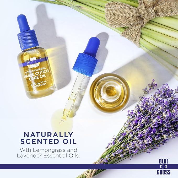 Blue Cross Professional Nail Care, All Natural Mineral Oil Free, Ultra-Nourishing, Hydrating, Moisturizing Nail & Cuticle Oil, Lemongrass + Lavender Scented Essential Oils, Made in USA, 0.5 fl oz/15mL