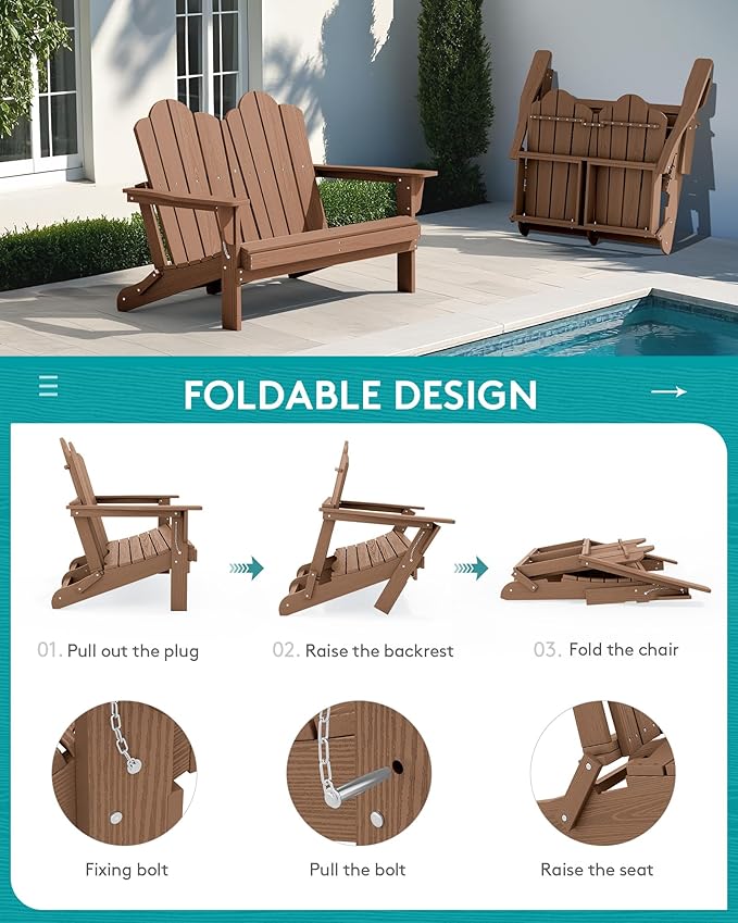 SERWALL Folding Adirondack Bench, HDPE All-Weather Adirondack Loveseat Set of 2, Brown