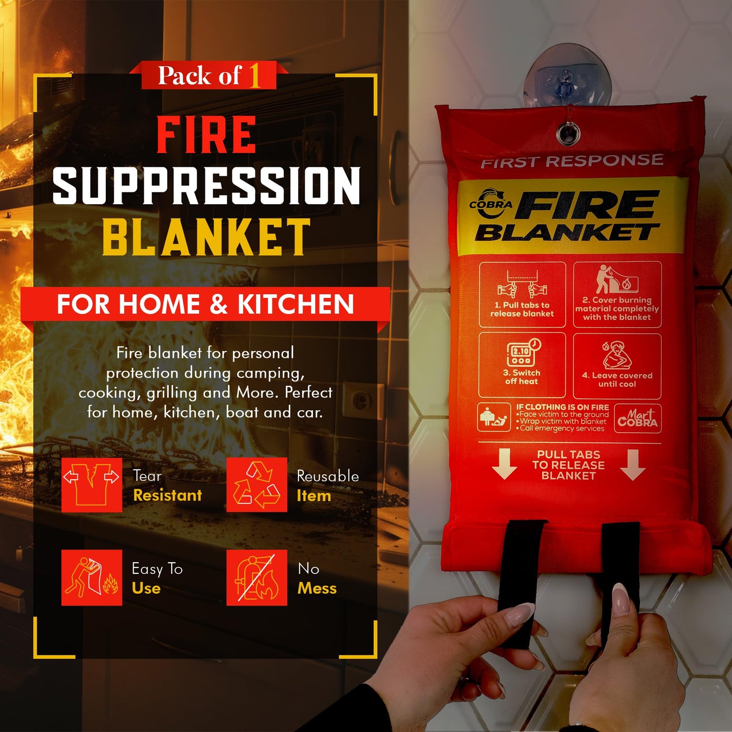 Mart Cobra Emergency Fire Blanket for Home and Kitchen - 1 Pack - Fire Blankets Emergency for Home Safety 40” x 40” - Suppression Shield Retardant Extinguisher Fiberglass Welding Fireproof Cloth Towel