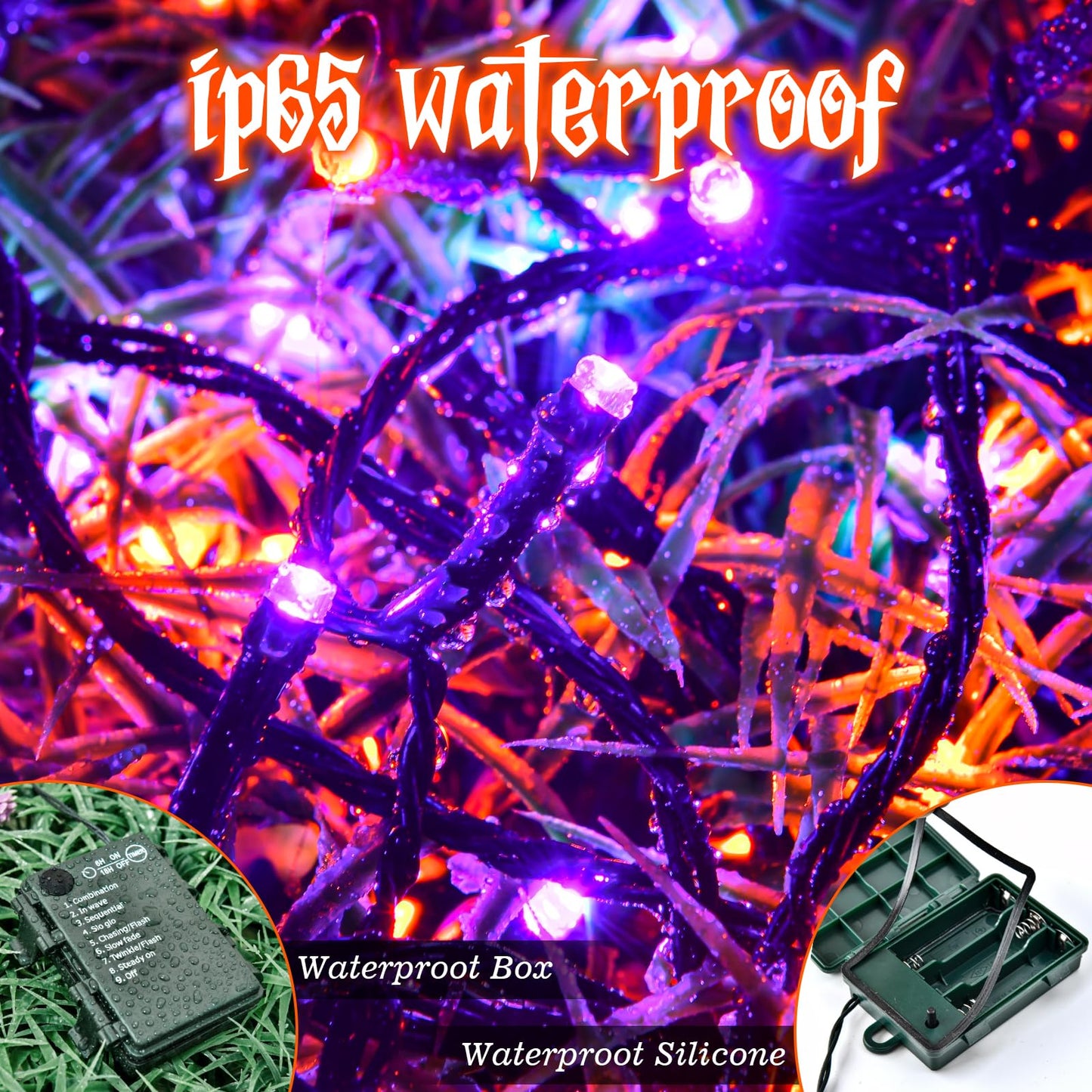 FFZZKJ Halloween Lights String Total 100LED Battery Operated Outdoor 8 Modes with Timer 16.4Ft*2, 50LED*2 Waterproof Fairy Lights Indoor for Halloween Decor, Orange&Purple, 2-Pack