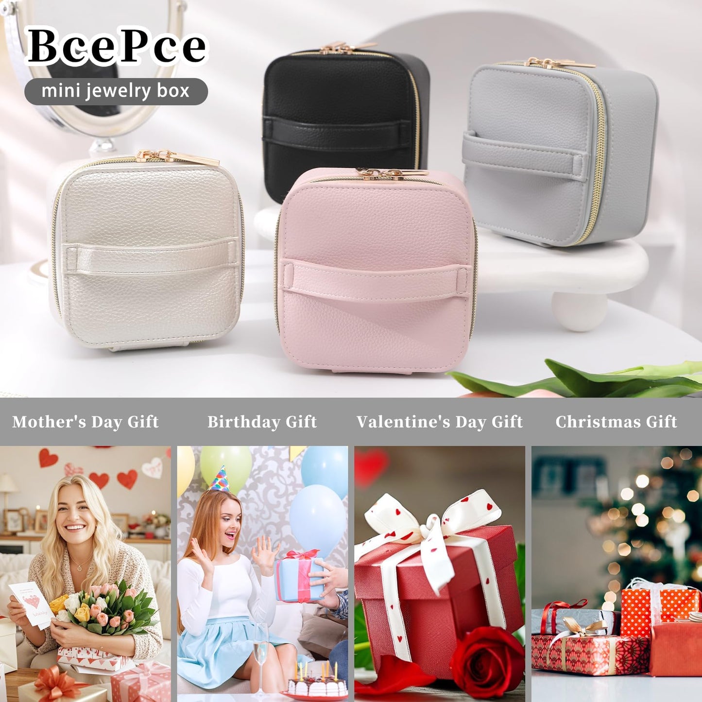 BcePce PU Leather Travel Jewelry Organizer Case with 4 Pouches & Handle, Anti-Tangle Storage Box for Necklace, Earrings, Rings, Compact Jewelry Box for Women Gift (Beige)
