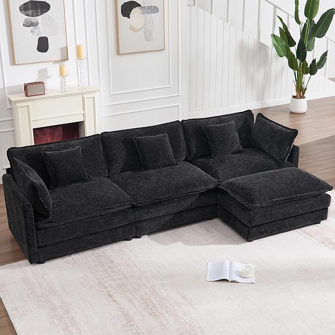 KIVENJAJA 111.5”W Chenille L-Shaped Modular Sectional Sofa, Modern 3-Seater Comfy Deep Seat Cloud Couch with Ottoman/Chaise & 5 Pillows for Living Room Office Apartment, Black