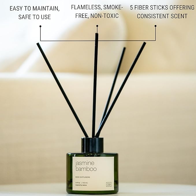 Craft & Kin Bamboo & Jasmine Christmas Reed Diffuser | All Natural Essential Oil & Rattan Scent Sticks | Holiday Reed Diffusers for Home, Bathroom | Long Lasting Home Fragrance in Green Glass, 3.4oz