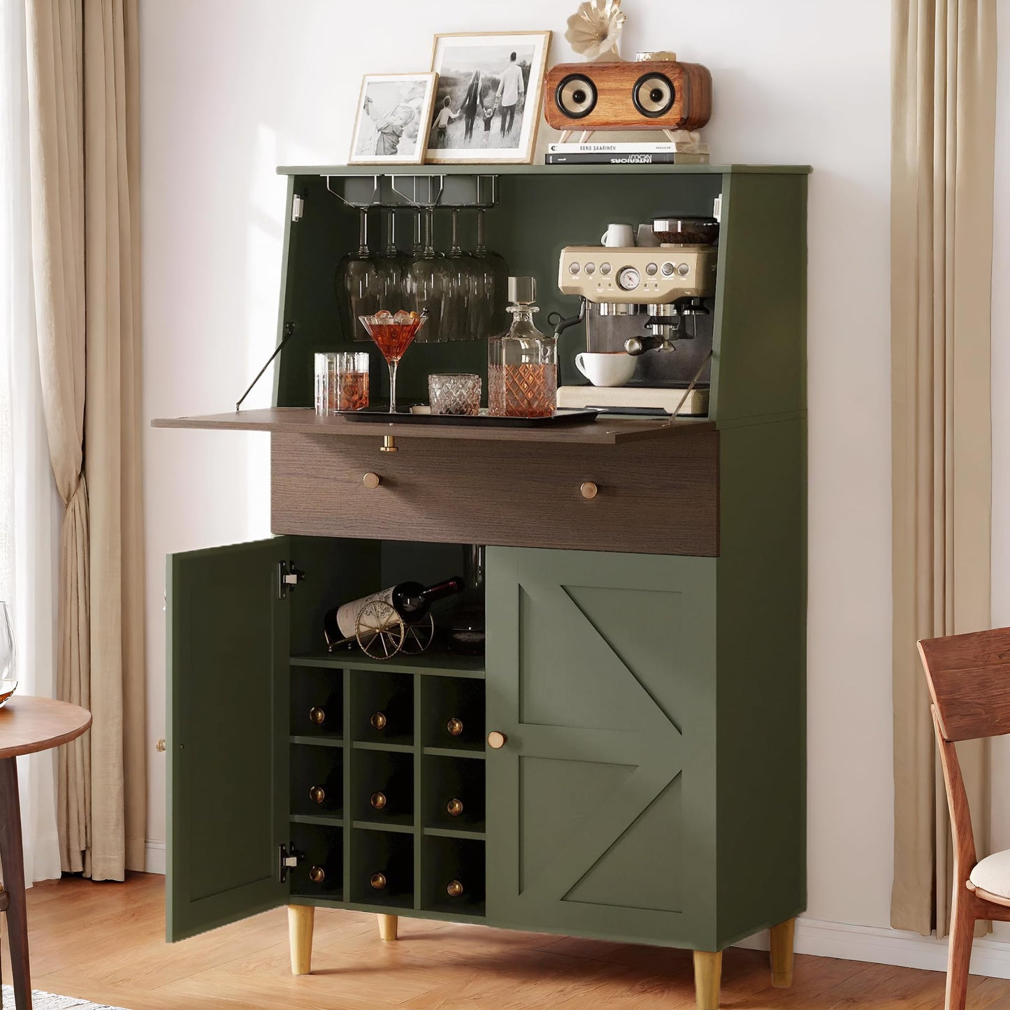 ANCTOR Bar Cabinet with Foldable Countertop 53" Liquor Cabinet Bar for Home with Wine Rack Hidden Storage Adjustable Shelf Large Drawer Wine Bottle Slots Quiet Closed Hinges