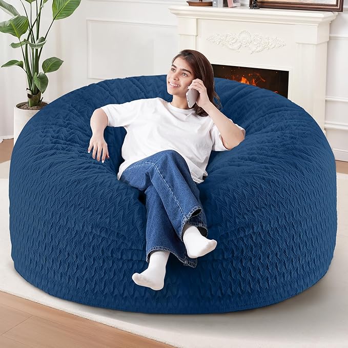 5FT Bean Bag Chair,Giant Bean Bag Chairs for Adults,Big Bean Bags with Memory Foam Filled, Large Beanbag Chairs with Chevron Plush Cover-Blue