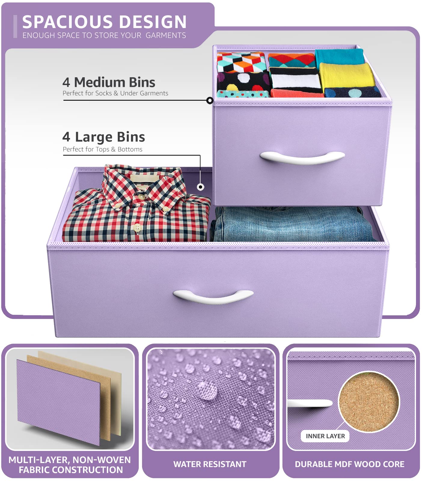 Sorbus Dresser with 8 Drawers - Furniture Storage Chest for Kid’s, Teens, Bedroom, Nursery, Playroom, Clothes, Toys - Steel Frame, Wood Top, Fabric Bins (Purple)