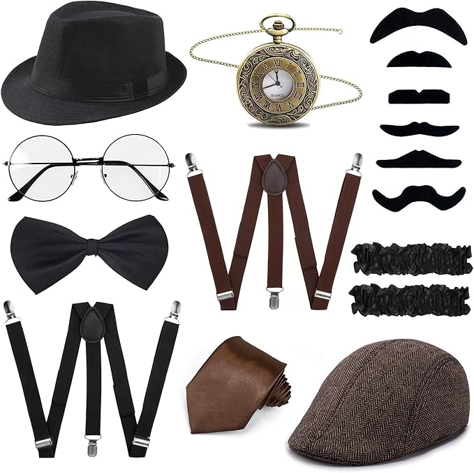 FEYIR 1920s Mens Costume Accessories Fedora Hat Pocket Watch Suspenders Bow Tie Gatsby Cosplay Roaring 20s Outfit for Men