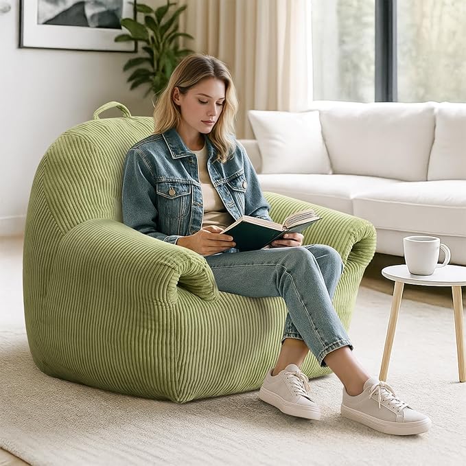 Peace nest Bean Bag Chair with Memory Foam Filled Ultra Soft Corduroy Cover for Adults Comfy Fur Bean Bag Chairs with Armrests for Bedroom Living Room Office Dorm Reading Green