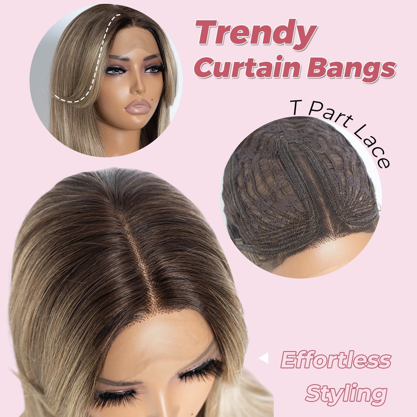 Style Icon 24 Ombre Blonde Wig HD Lace Front Middle Part Wigs Long Straight Wigs for Women Pre Plucked with Door Curtain Bangs