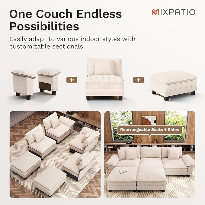 87-Inch L Shaped Sectional Sofa with Cloud Cushions, Deep Seat Modular Couch Set w/ 3 Seats & 1 Ottomans, Removable Arms, Chenille & Corduroy Upholstery for Living Room, Apartment - Beige