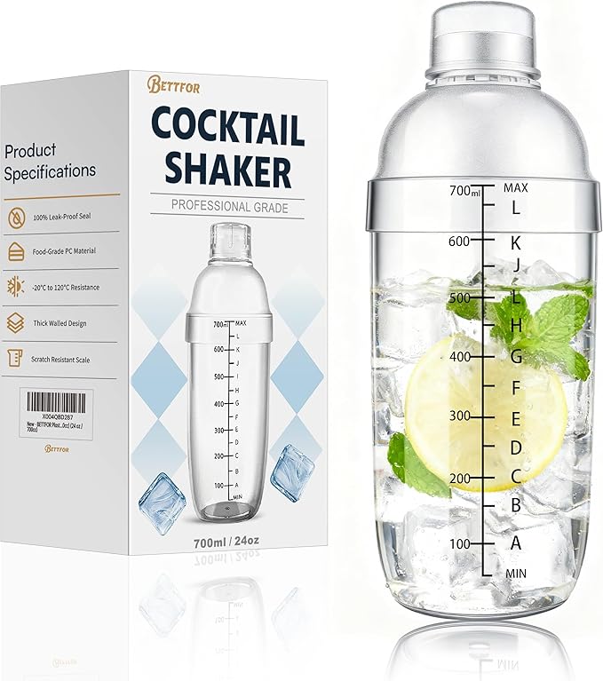 BETTFOR Plastic Cocktail Shaker with Measuring Scale 24oz (700ml), Leak-Proof & Shatter-Resistant Drink Mixer for Bartendi...