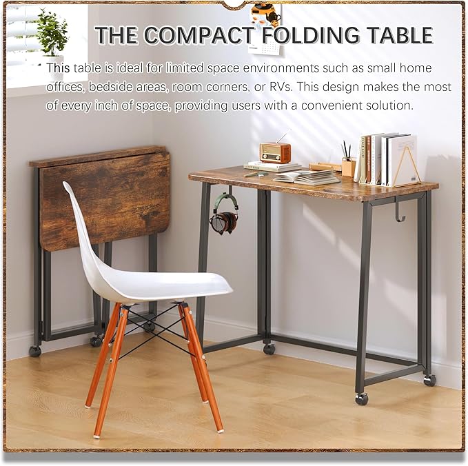 4NM 31.5" Mobile Small Folding Desk, Foldable Rolling Computer Home Office Desk, Study Writing Table for Small Space Saving Bedroom, with Wheels - Rustic Brown and Black