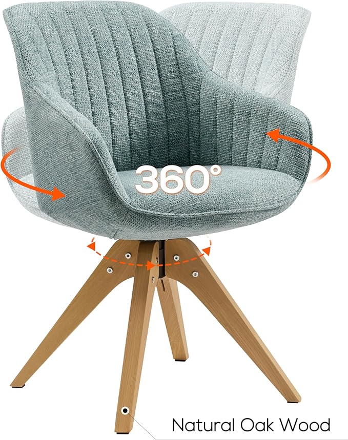 Art Leon Swivel Dining Chair - Mid Century Modern Fabric Upholstered Kitchen Dining Room Chair with Oak Wood Legs, Leisure Side Chair with Arms for Living Room, Light Blue