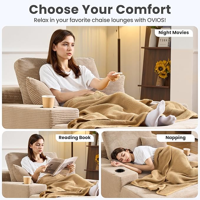 ovios 67'' Chaise Lounge Chair Indoor, Oversized Upholstered Sofa Bed with Cup Holders, Sleeper Couch Reading Chairs Fluffy Plush Corduroy Cloud Sofas Couches Living Room, Camel