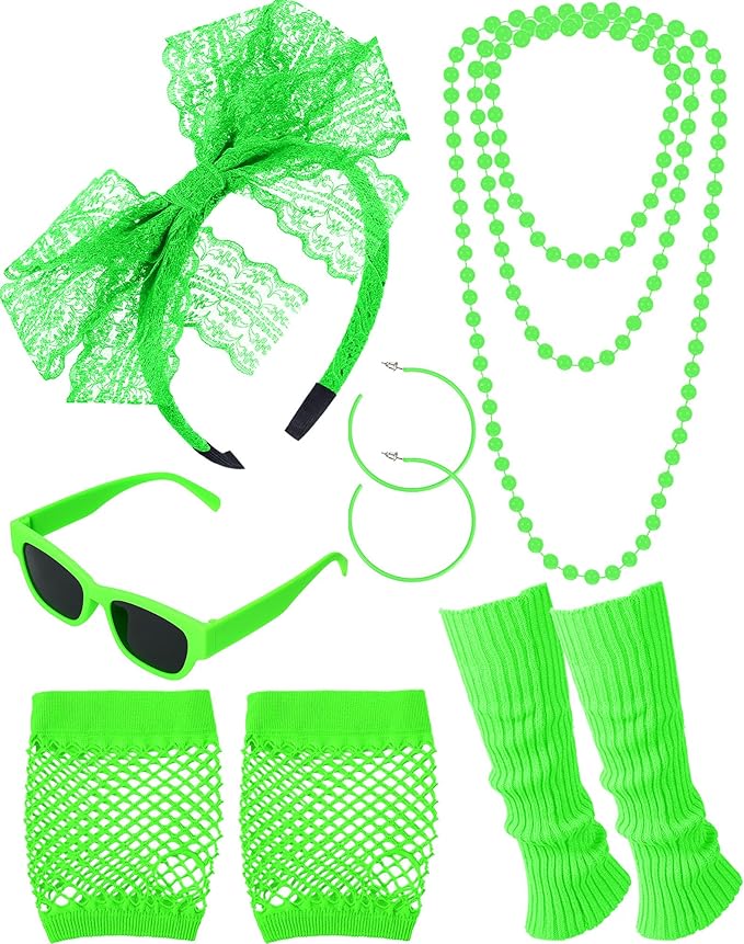 Maiteenly 80s Accessories for Women Lace Headband Earrings Fishnet Gloves Necklace Sunglasses Leg Warmers for 80s Retro Party