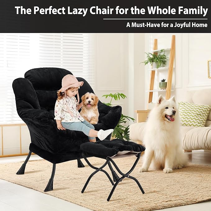Youtanic Lazy Chair with Folding Ottoman, Accent Chair Plush Upholstered with Metal Structure and Non-Slip Pads, Sofa Armchair with Footrest and Side Storage Bag for Dorm, Room, Office, Black