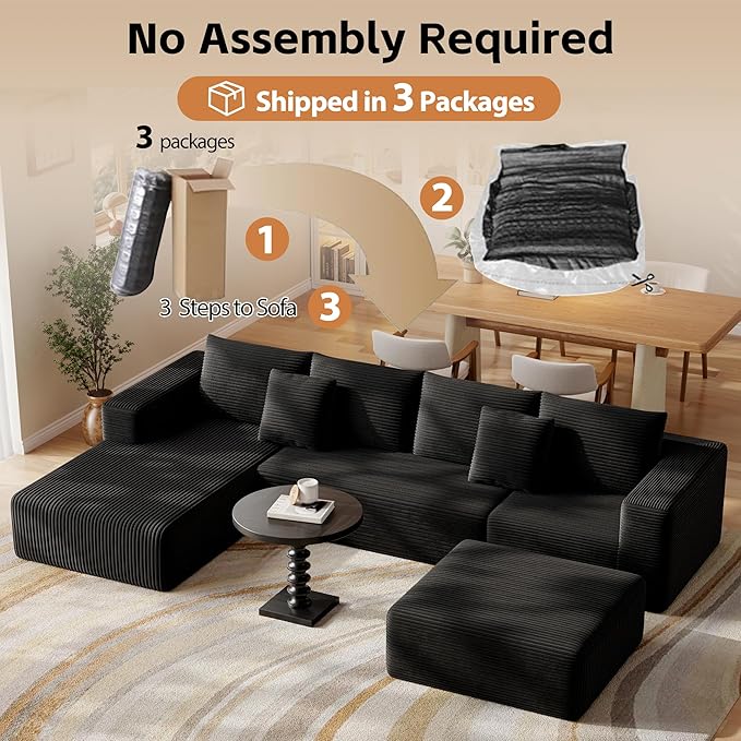 Fancyfire 134.6" Cloud Modular Sectional Couch with Chaise and Pillows,Ultimate Comfort U-Shaped Deep Seat Sofa,Boneless Couch Upholstered 3-Seater Sofas for Living Room, No Assembly Required(Black)