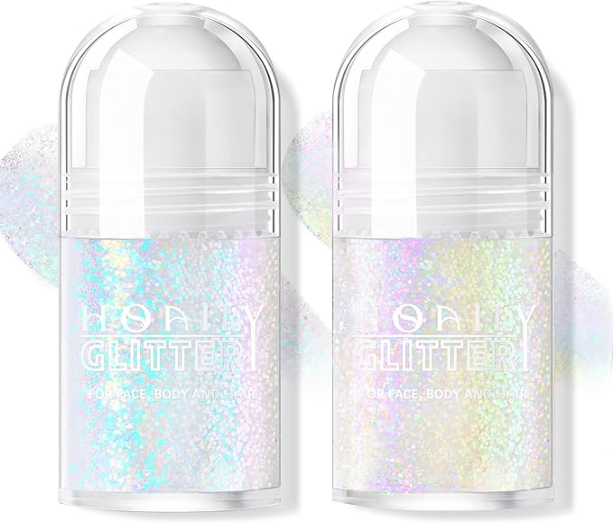 HOSAILY 2 Colors Roll-on Body Glitter Gel, Holographic Glitter Gel Under Light for Face Hair, Body Shimmer for Rave Access...