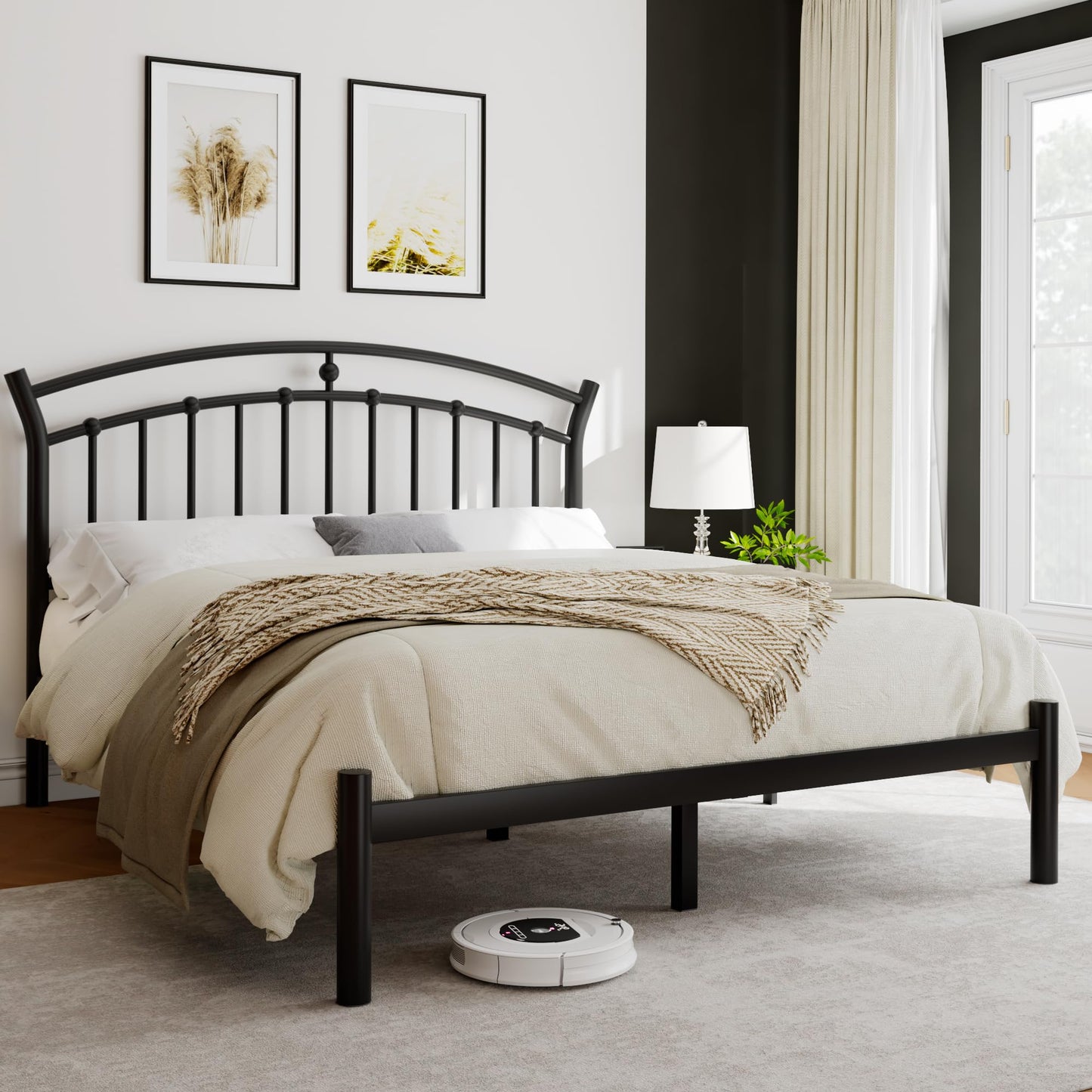 iPormis Queen Size Metal Platform Bed Frame with Modern Iron-Art Headboard/Heavy Duty Steel Slats Support/Under Bed Storage/No Box Spring Needed/Easy Assembly/Noise-Free/Black