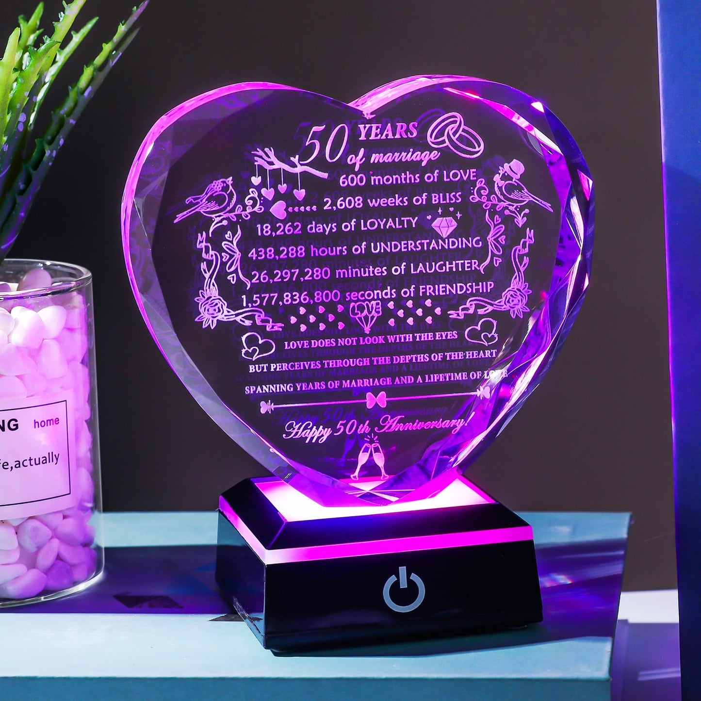 YWHL 50th Anniversary Crystal Gifts with Colorful LED Base Happy 50th Wedding Anniversary Heart Gift for Couples 50 Years of Marriage Gifts for Parents Husband Wife