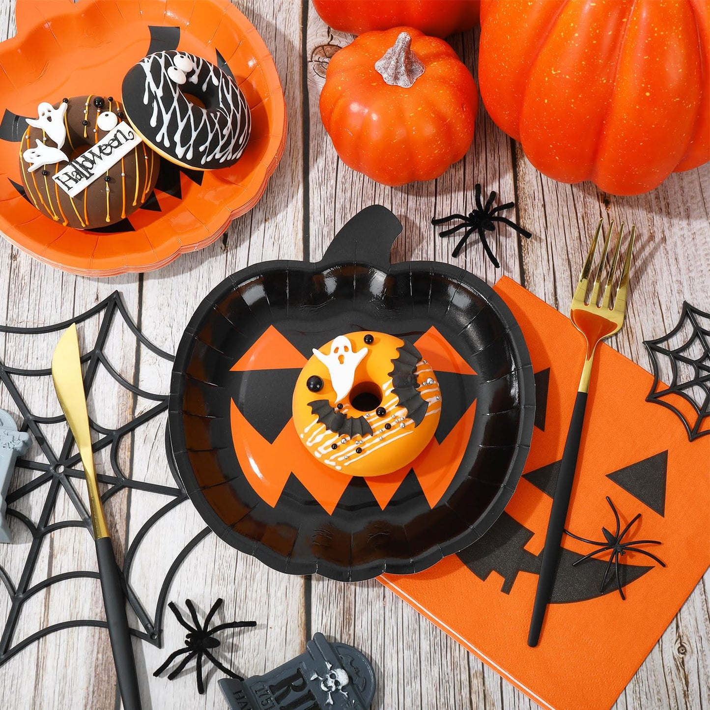 AnyDesign 72Pcs Halloween Party Dinnerware Set Orange Black Pumpkin Themed Paper Plates Cups Napkins Halloween Disposable Tableware Party Supplies for Spooky Themed Party Birthday, Serves 24 Guests