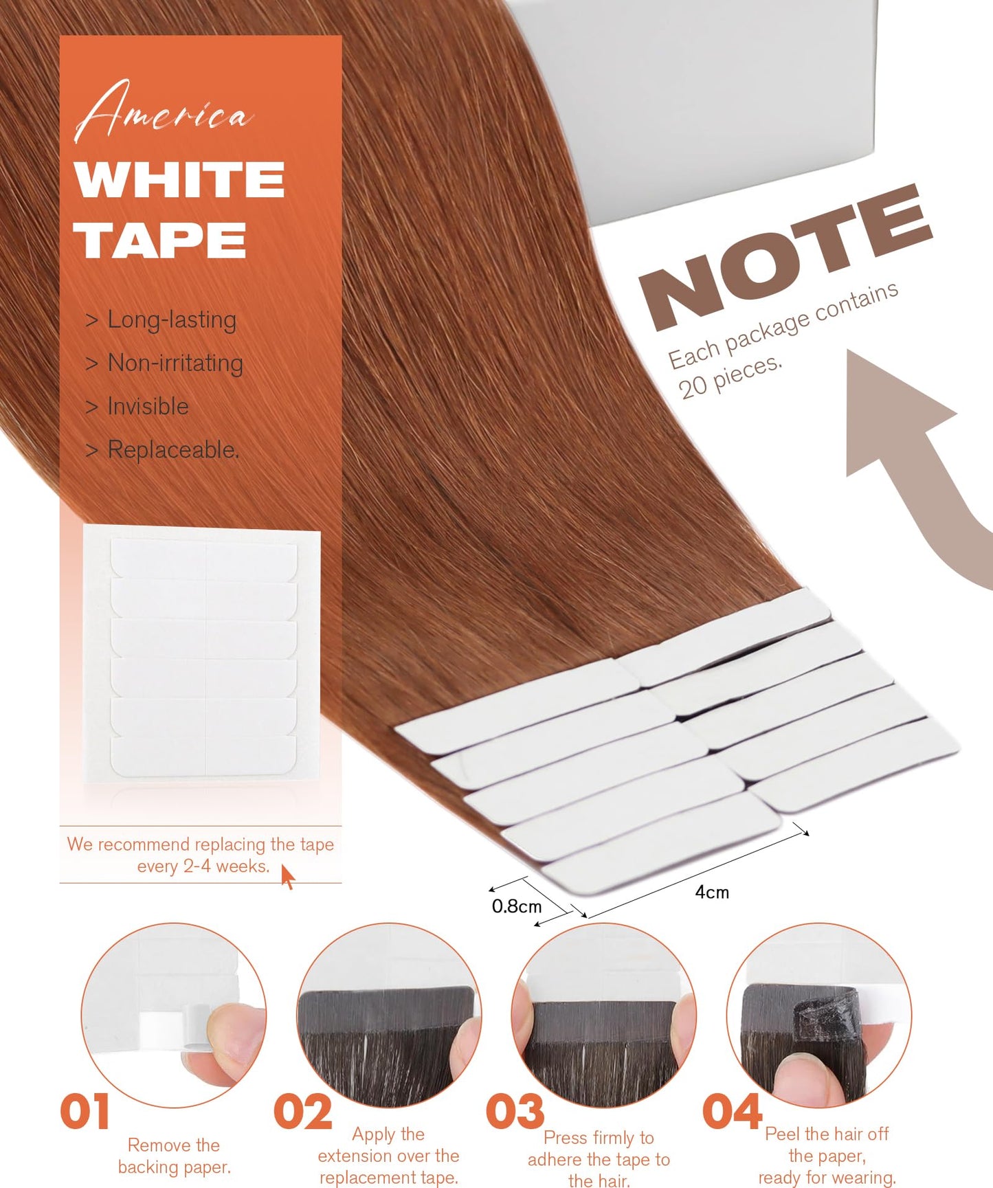 Sunny Hair Copper Tape in Hair Extensions Human Hair Glue in Hair Extensions Straight Tape ins Hair Extensions Copper for Women