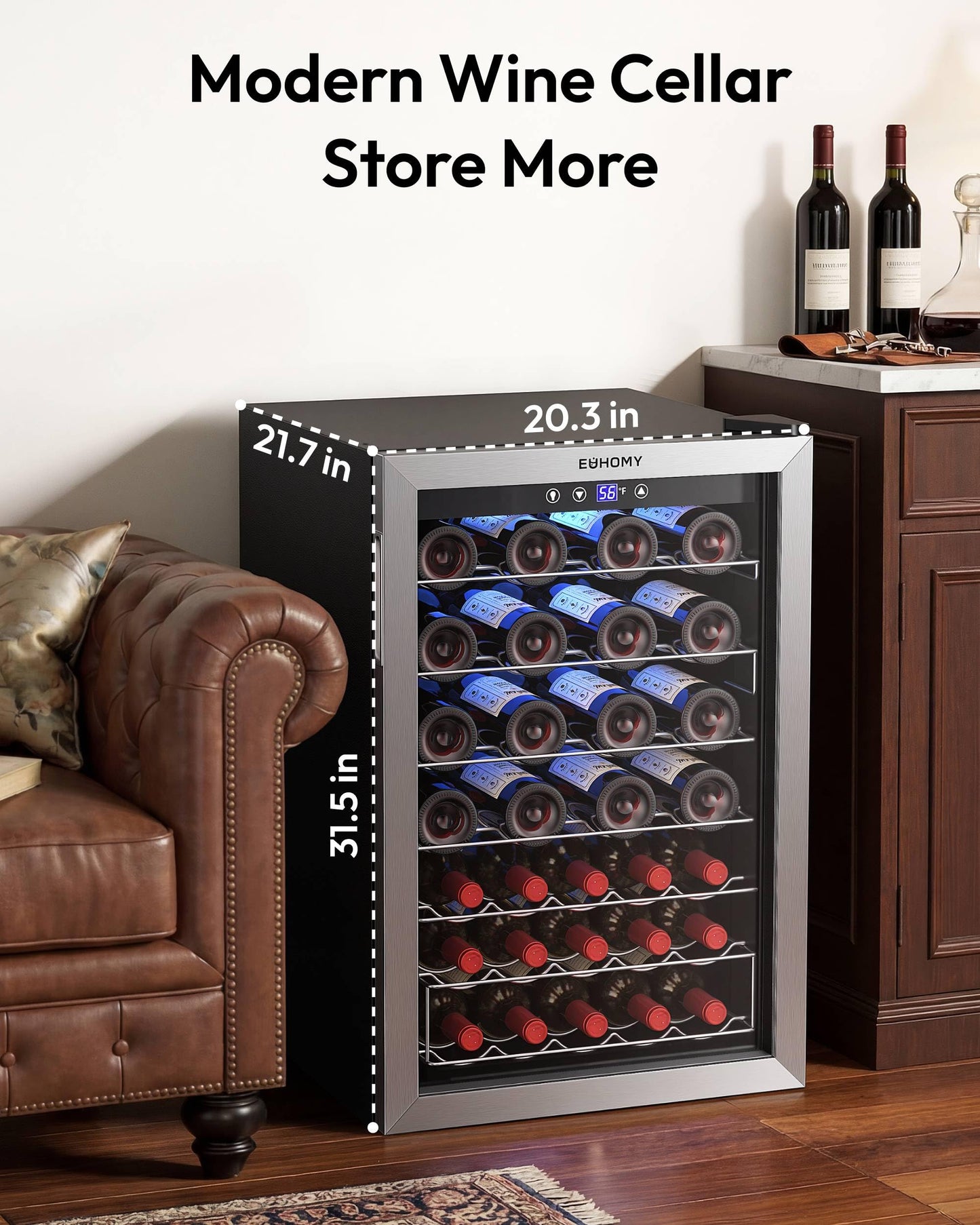 EUHOMY 45 Bottle Wine Cooler Refrigerator, Wine Fridge with Stainless Steel Glass Door for Red, White and Champagne, Mini Fridge with Adjust Temperature for Home Kitchen Bar 4.5 Cu.Ft, Silver
