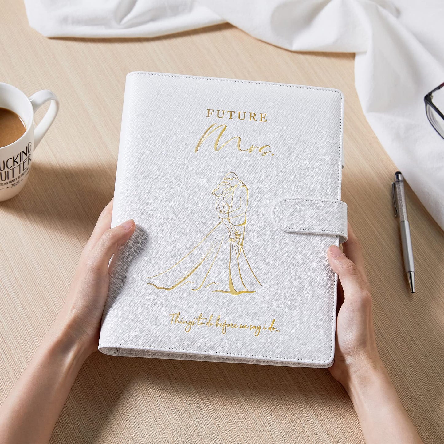 AW BRIDAL Best Engagement Gifts For Her Bride To Be Gifts∣Future Mrs Leather Wedding Planner Book And Organizer For The Bride Wedding Planning Notebook Budget Planner Binder, 140 Pages, White