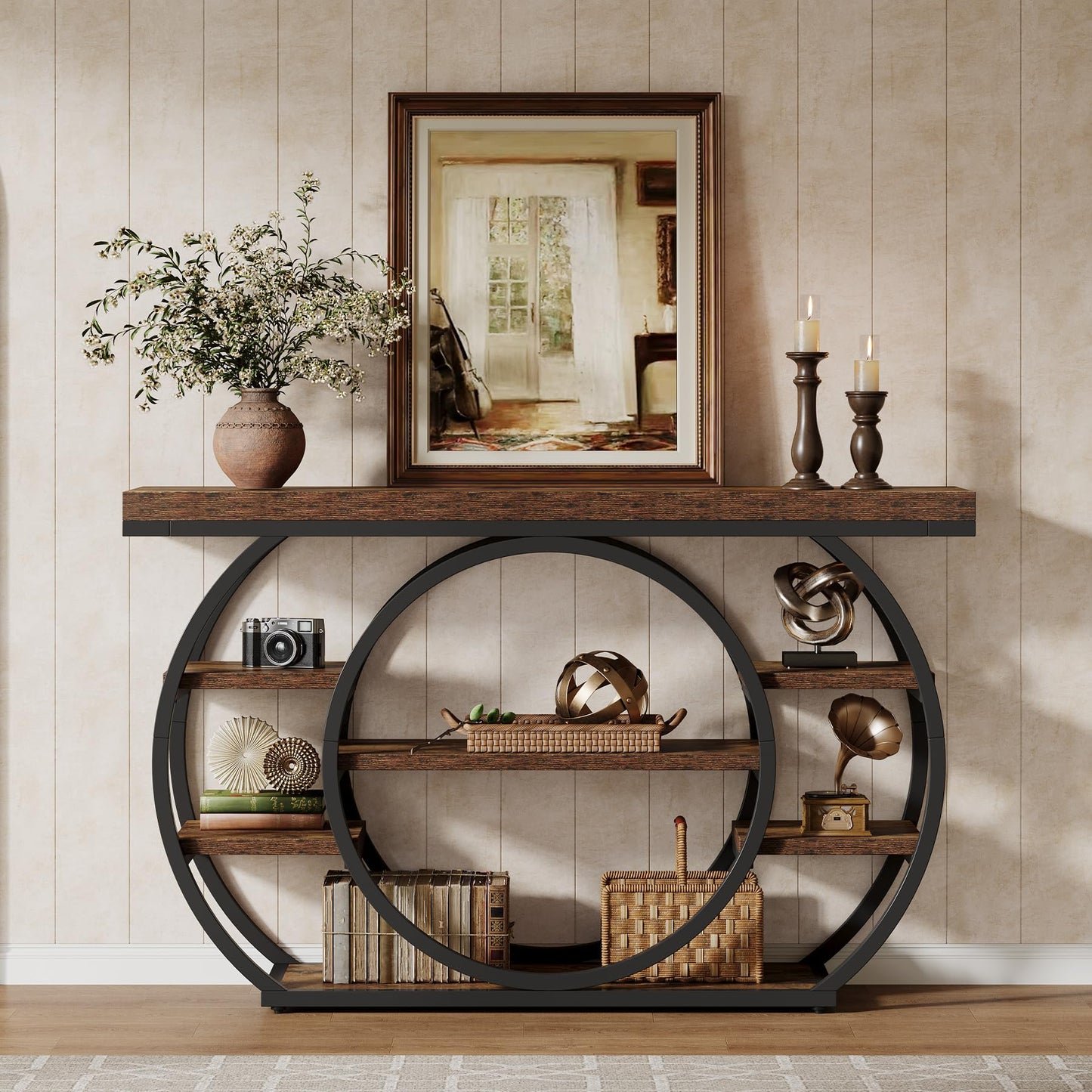 Tribesigns 47" Console Table for Living Room, 5-Tier Industrial Entryway Table with Metal Frame, Narrow Sofa Table Behind Couch Accent Tables for Entryway, Hallway, Foyer, Rustic Brown