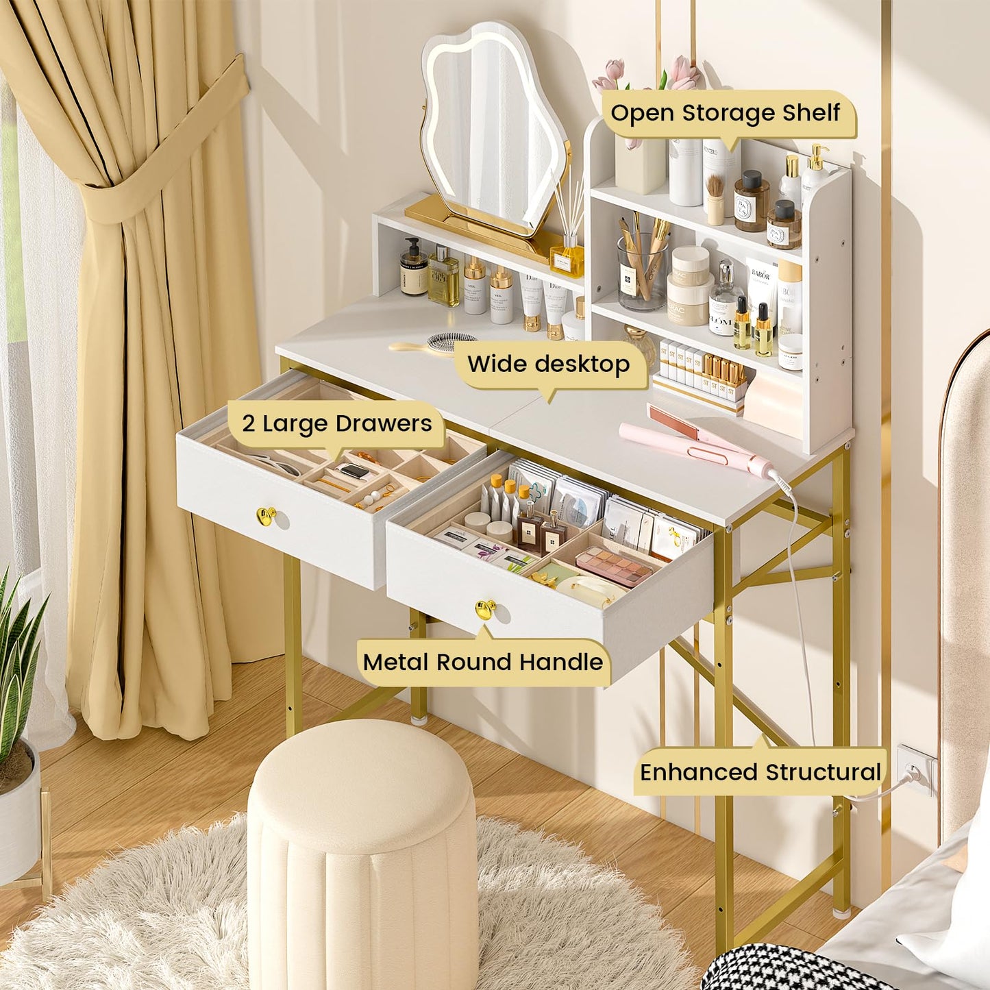 Makeup Vanity Desk No Mirror for Bedroom, Vanity Table Set with 2 Drawer and Open Storage Shelves, Small Vanity for Small Spaces, White and Gold, 31.5in(L)