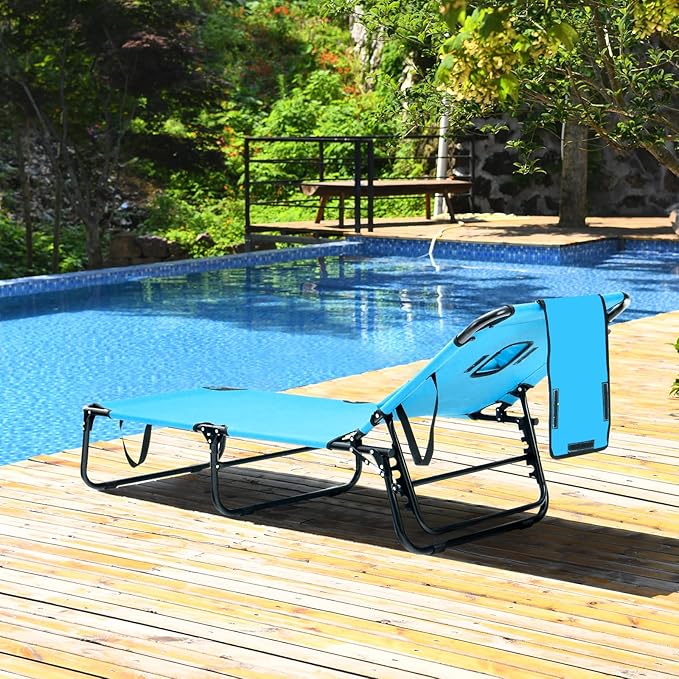 GYMAX Tanning Chair, 350lbs Beach Lounge Chair with Face Hole, Washable Pillow & Carry Strap, Adjustable Folding Chaise Lounge, Layout Lounger for Outside, Patio, Poolside, Lawn (1, Arctic)