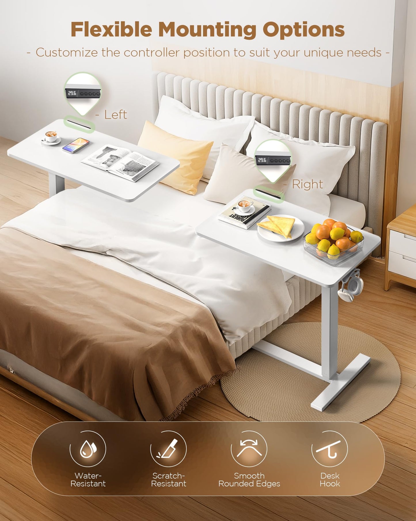 YOLEZO Overbed Bedside Table with Wheels, Electric Standing Desk Adjustable Height, Small Computer Desk for Home Office, Rolling Laptop Desk for Bed, Sofa, or Hospital Use (24"x16",White)