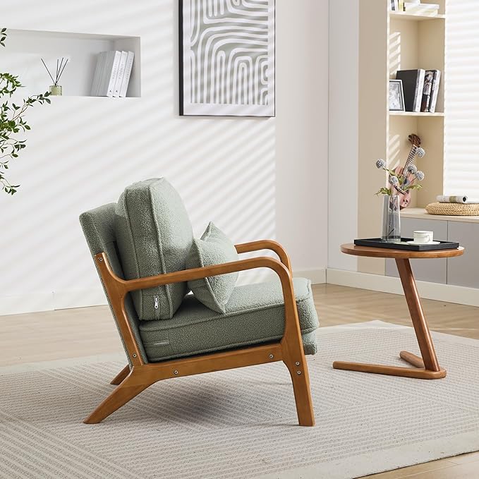 Mid-Century Accent Chair Set of 2, Sherpa Fabric Lounge Chair with Wide Armrest,13-16.5'' Low Seat Height Armchair with Lumbar Pillow & Solid Wood Frame for Living Room, Bedroom, Balcony(Mint Green)