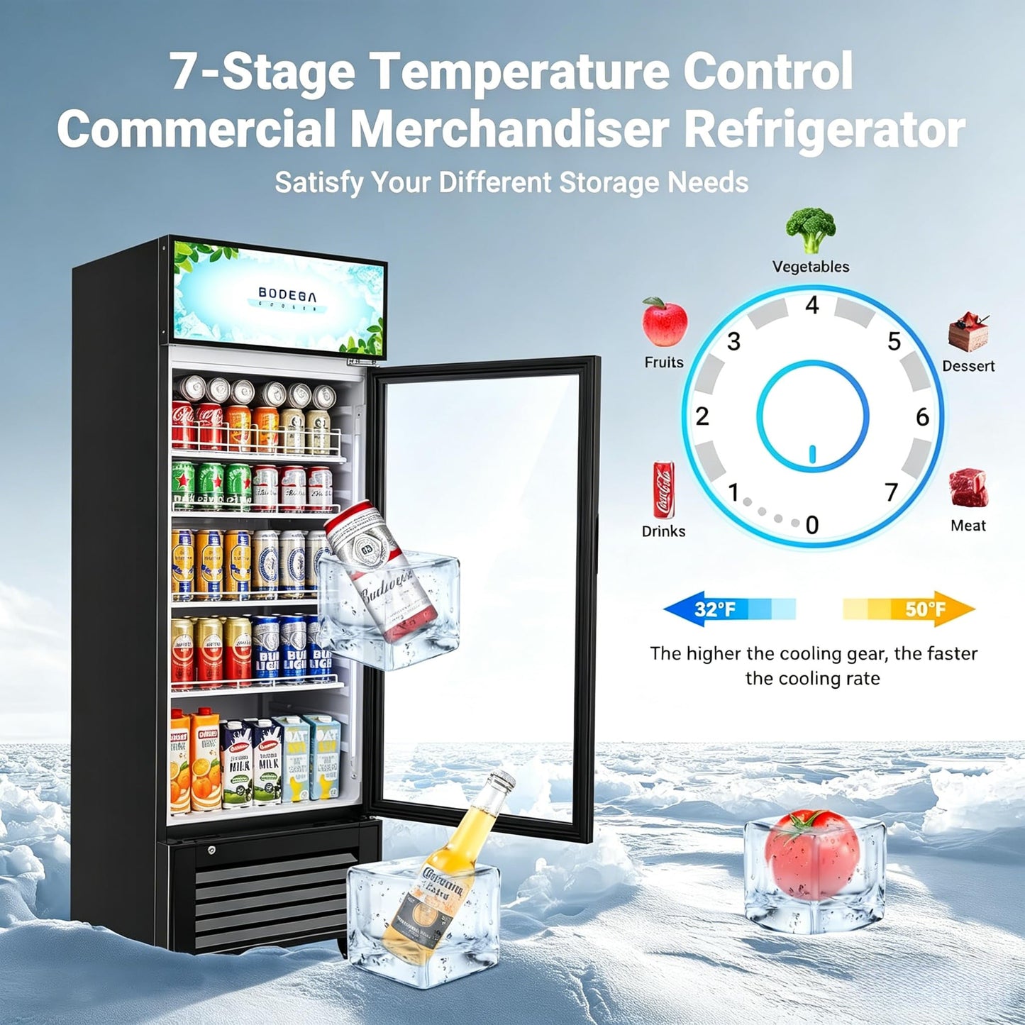 BODEGACOOLER Beverage Refrigerator and Cooler, 10.0 Cu. Ft Commercial Refrigerators For Man Cave, Display Refrigerator with Soft LED Light. 4 Shelves Merchandiser Refrigerators as Black Bar Cooler.