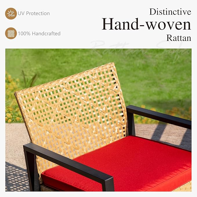 Sophia & William 4 Pieces Patio Conversation Set, Wicker Outdoor Furniture Set for 4, All Weather Outdoor Seating Set, Rattan Loveseat & Chairs with Cushions & Coffee Table, Yellow and Red