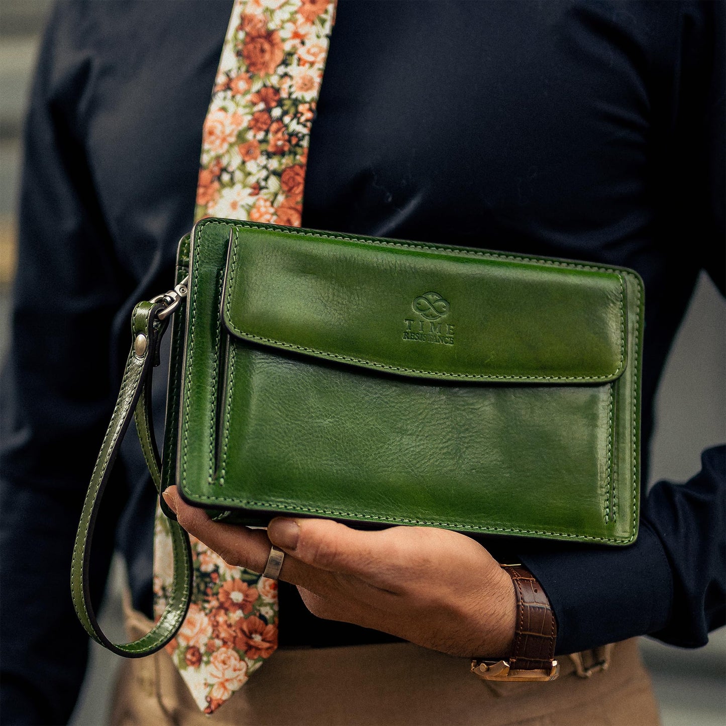 Time Resistance Leather Clutch for Men - Organizer Wrist Bag Briefcase - Handmade in Italy (Green) - Gift Box Included