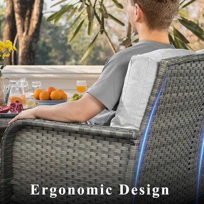 CAODOC 6-Piece Wicker Patio Furniture Set, All-Weather Rattan Conversation Bistro Loveseat Chair and Table Set for Backyard, Balcony and Deck with Soft Cushions and Metal Table(Grey)